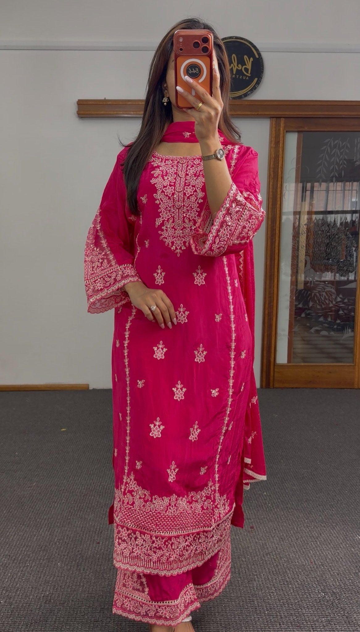 Fuchsia crepe silk kurti set with ivory floral embroidery, matching palazzo pants and dupatta — Behuli Australia — view 2