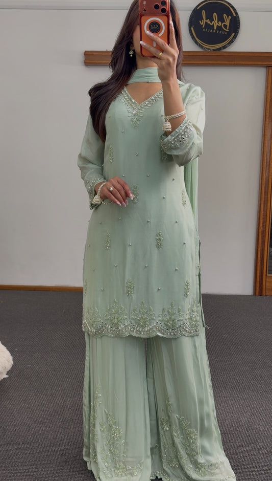 Mint green palazzo suit set with pearl beadwork, mirror embroidery and scalloped hem — Behuli Australia