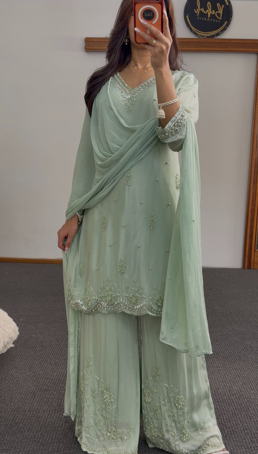 Mint green palazzo suit set with pearl beadwork, mirror embroidery and scalloped hem — Behuli Australia — view 2