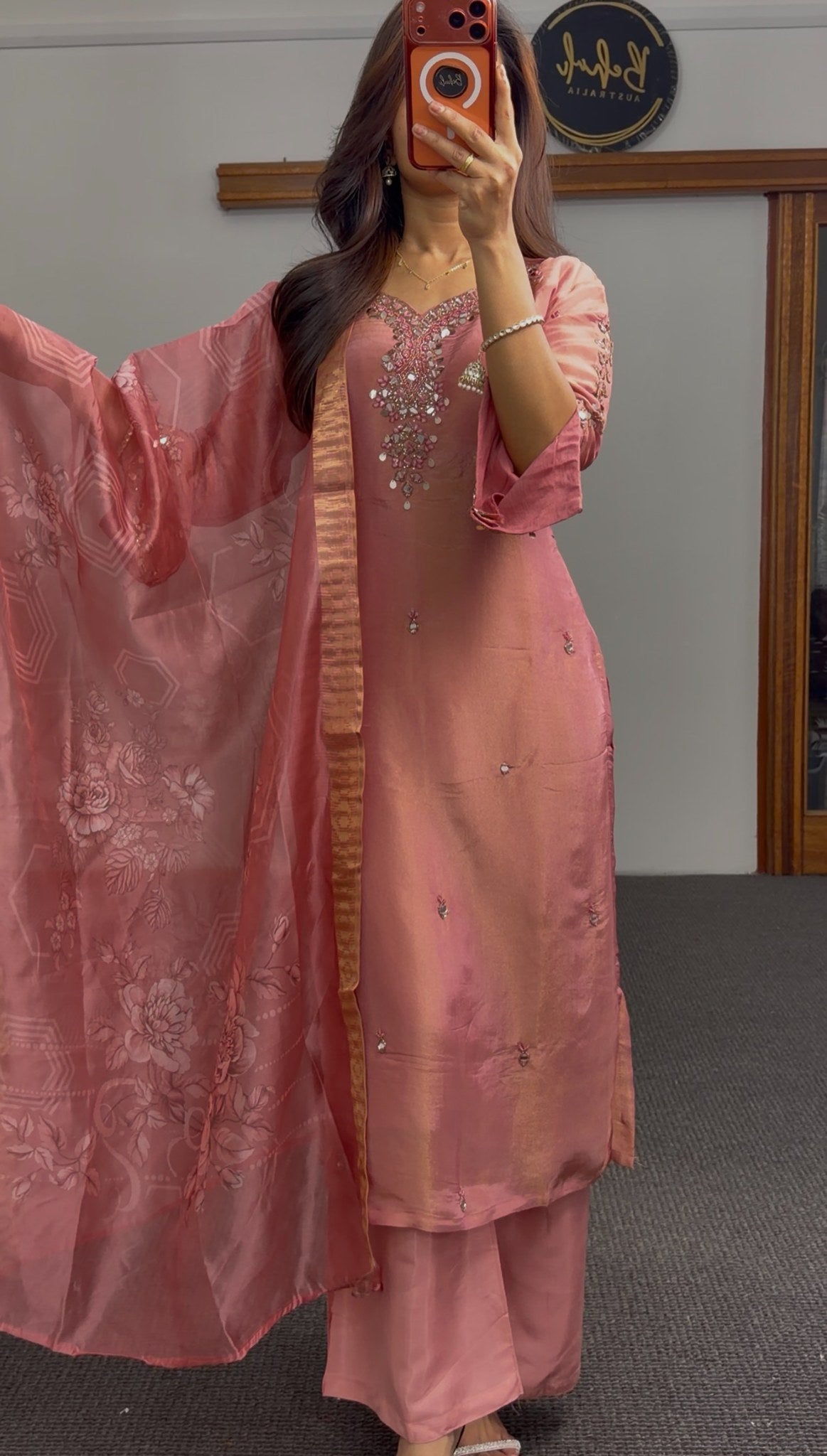 Dusty pink satin kurti set with mirror embroidery neckline and floral printed dupatta — Behuli Australia
