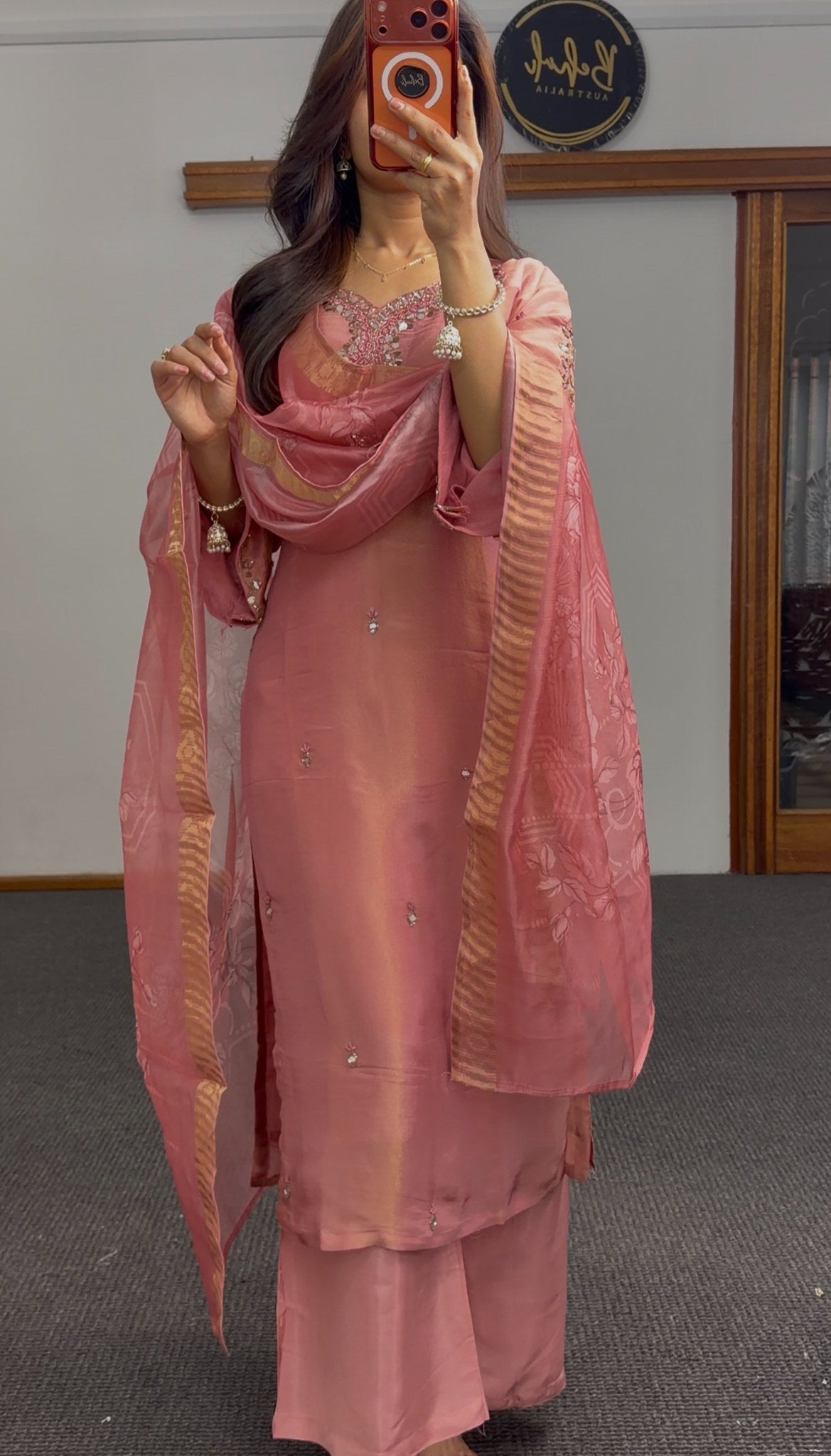 Dusty pink satin kurti set with mirror embroidery neckline and floral printed dupatta — Behuli Australia — view 2