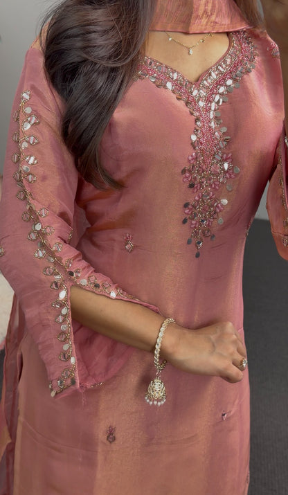 Dusty pink satin kurti set with mirror embroidery neckline and floral printed dupatta — Behuli Australia — view 3
