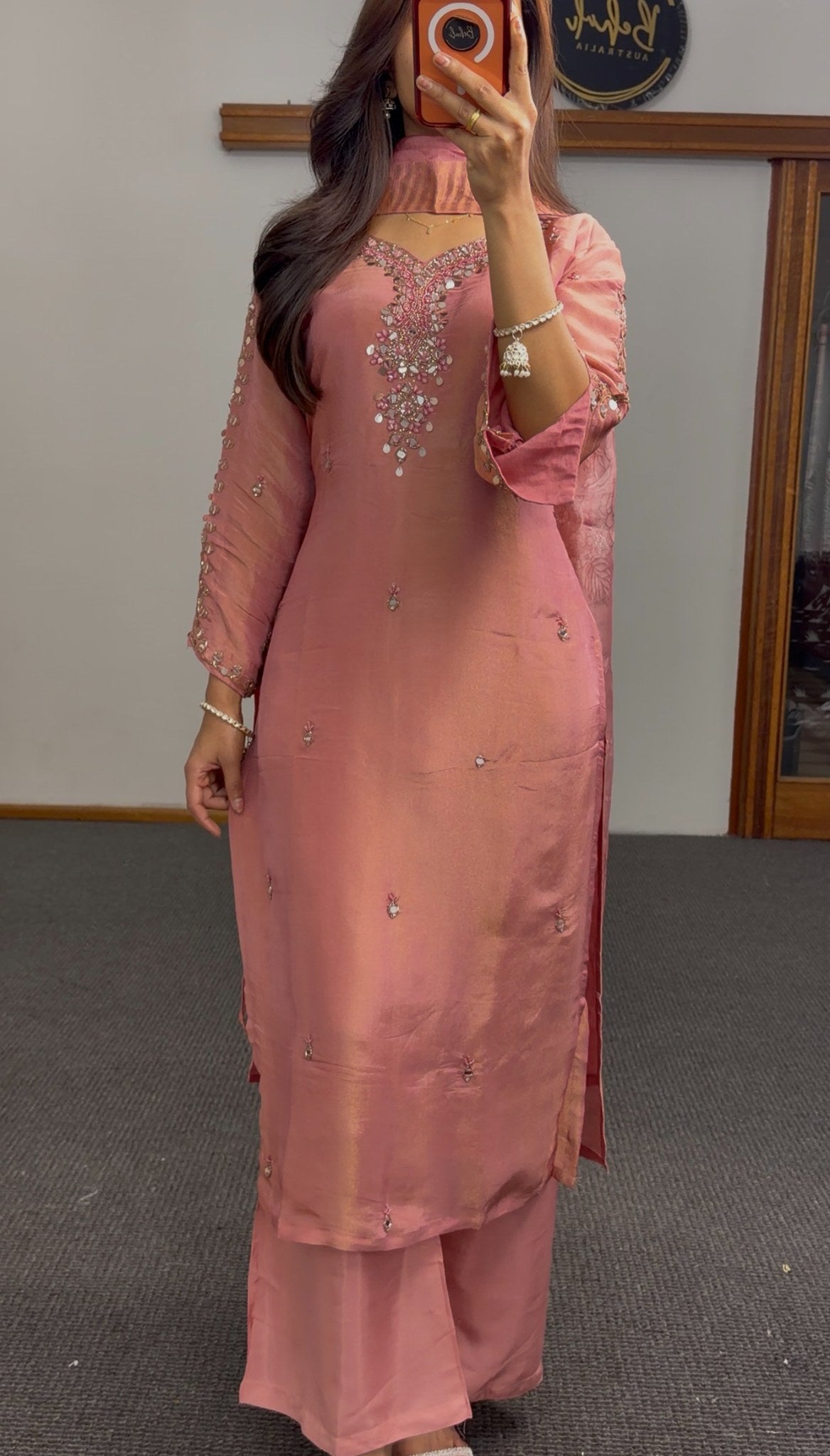 Dusty pink satin kurti set with mirror embroidery neckline and floral printed dupatta — Behuli Australia — view 4