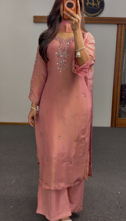 Dusty pink satin kurti set with mirror embroidery neckline and floral printed dupatta — Behuli Australia — view 4