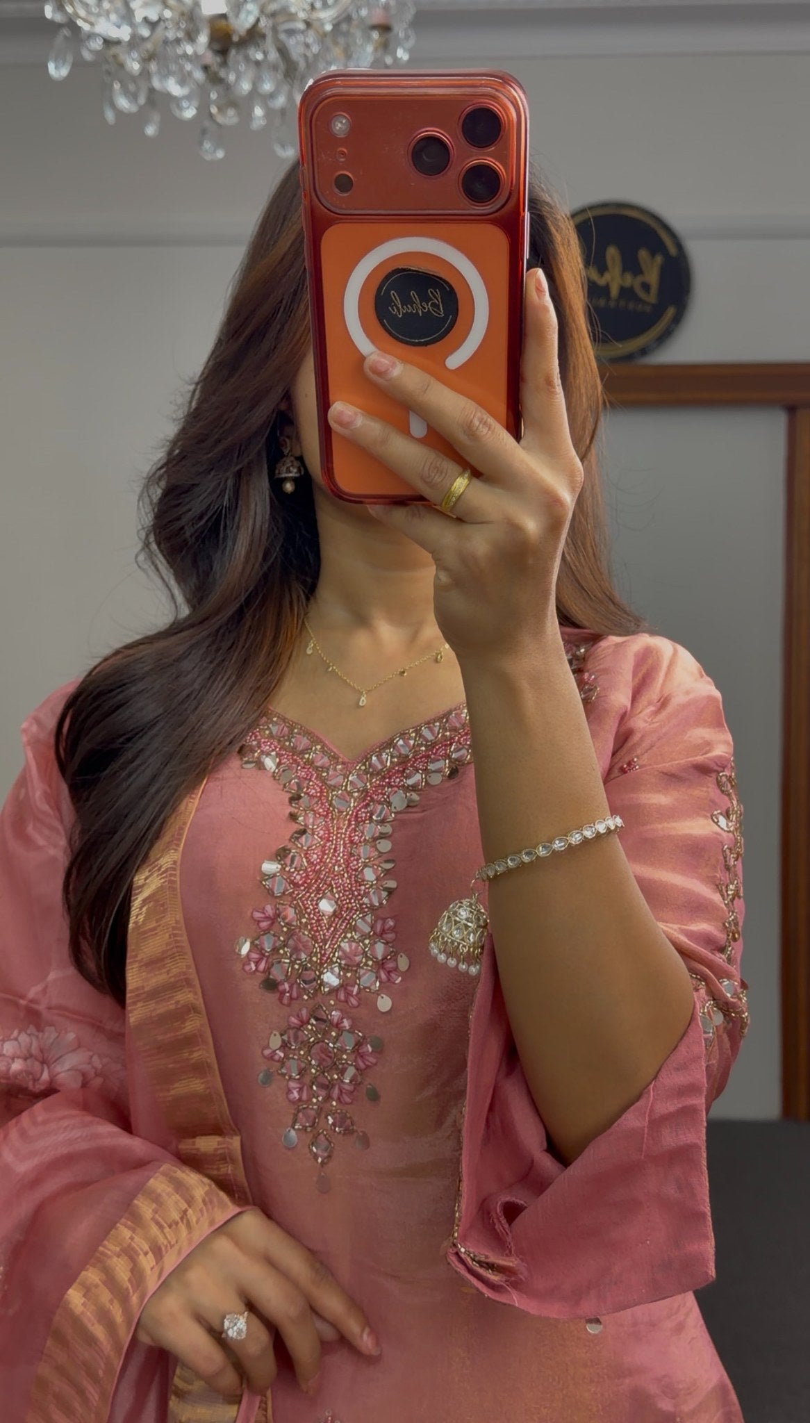 Dusty pink satin kurti set with mirror embroidery neckline and floral printed dupatta — Behuli Australia — view 5