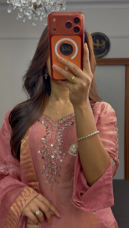 Dusty pink satin kurti set with mirror embroidery neckline and floral printed dupatta — Behuli Australia — view 5