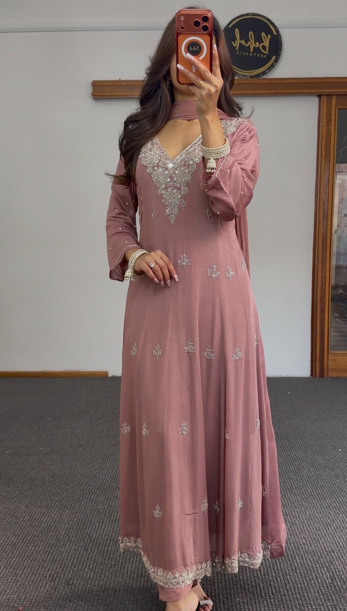 Dusty rose Anarkali suit with silver floral embroidery motifs and embellished V-neckline — Behuli Australia