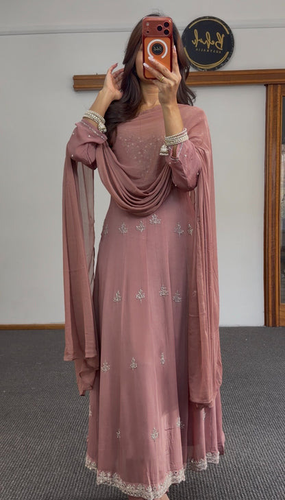 Dusty rose Anarkali suit with silver floral embroidery motifs and embellished V-neckline — Behuli Australia — view 2