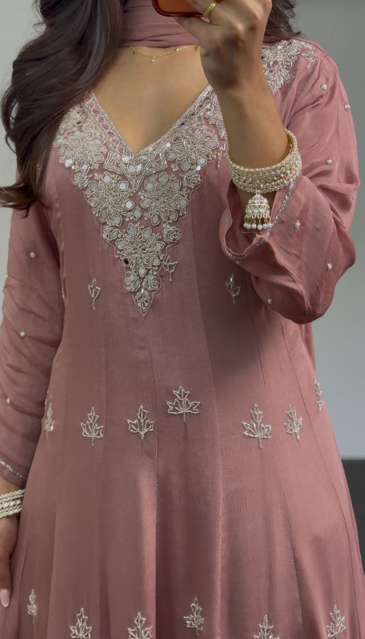 Dusty rose Anarkali suit with silver floral embroidery motifs and embellished V-neckline — Behuli Australia — view 3