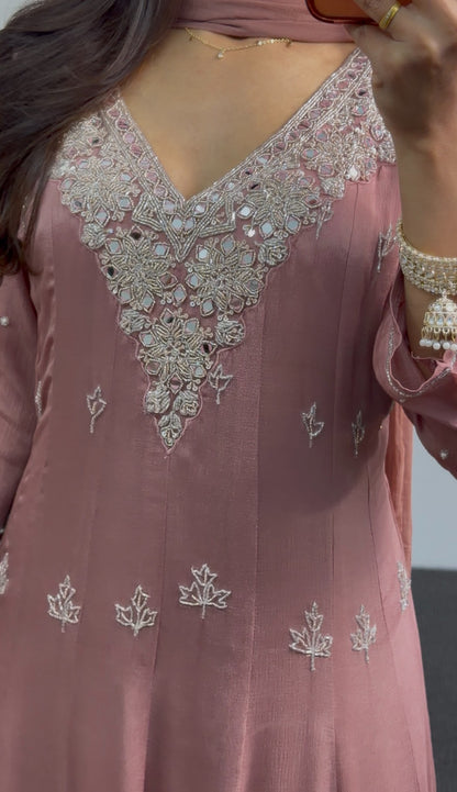 Dusty rose Anarkali suit with silver floral embroidery motifs and embellished V-neckline — Behuli Australia — view 4