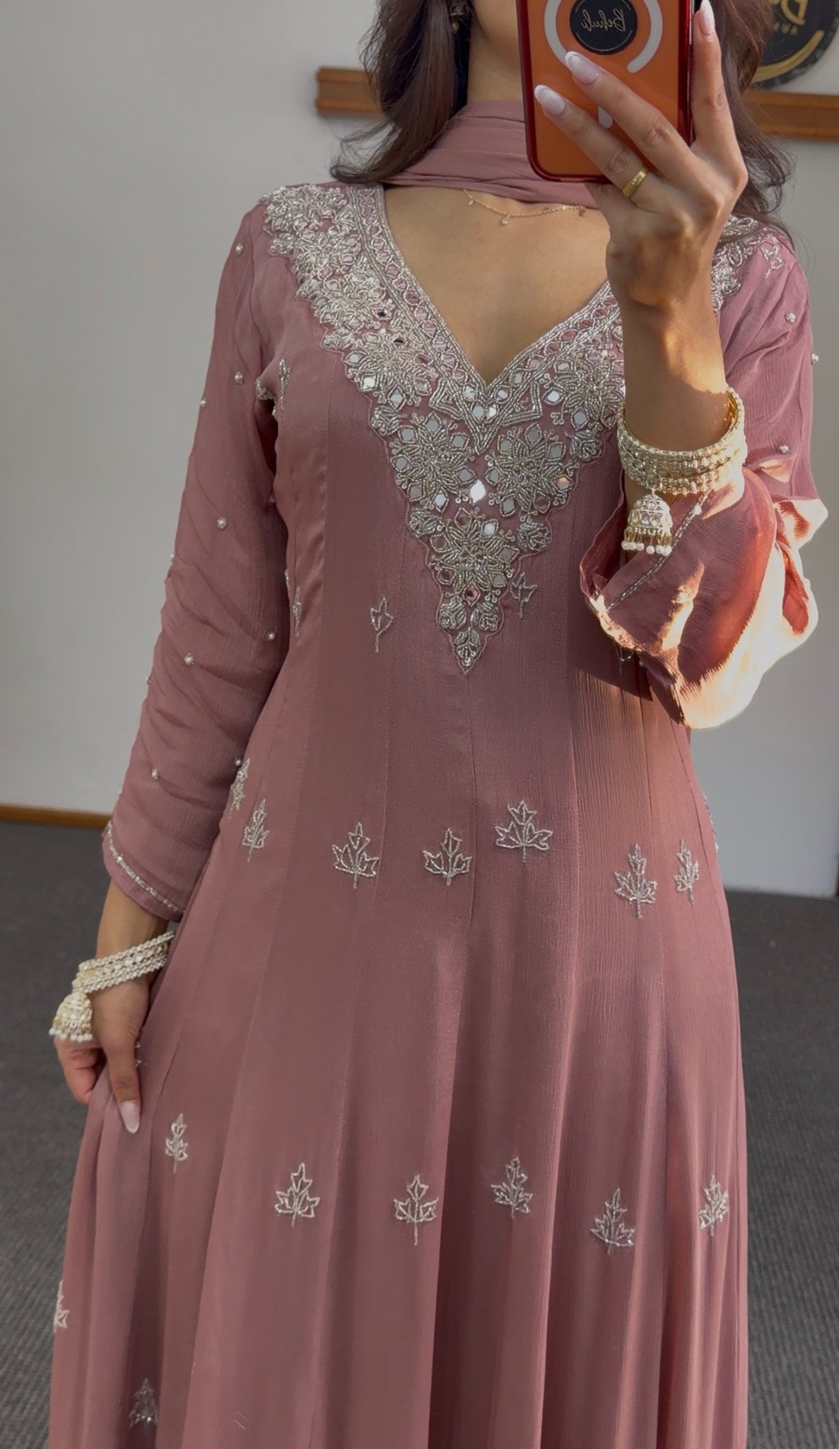 Dusty rose Anarkali suit with silver floral embroidery motifs and embellished V-neckline — Behuli Australia — view 5