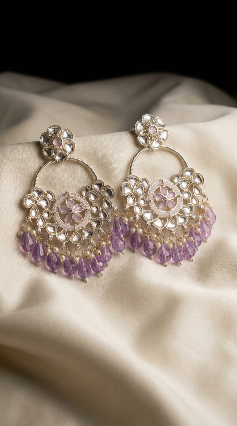Silver-tone kundan chandbali earrings with lavender amethyst crystal drops and pearl accents — Behuli Australia