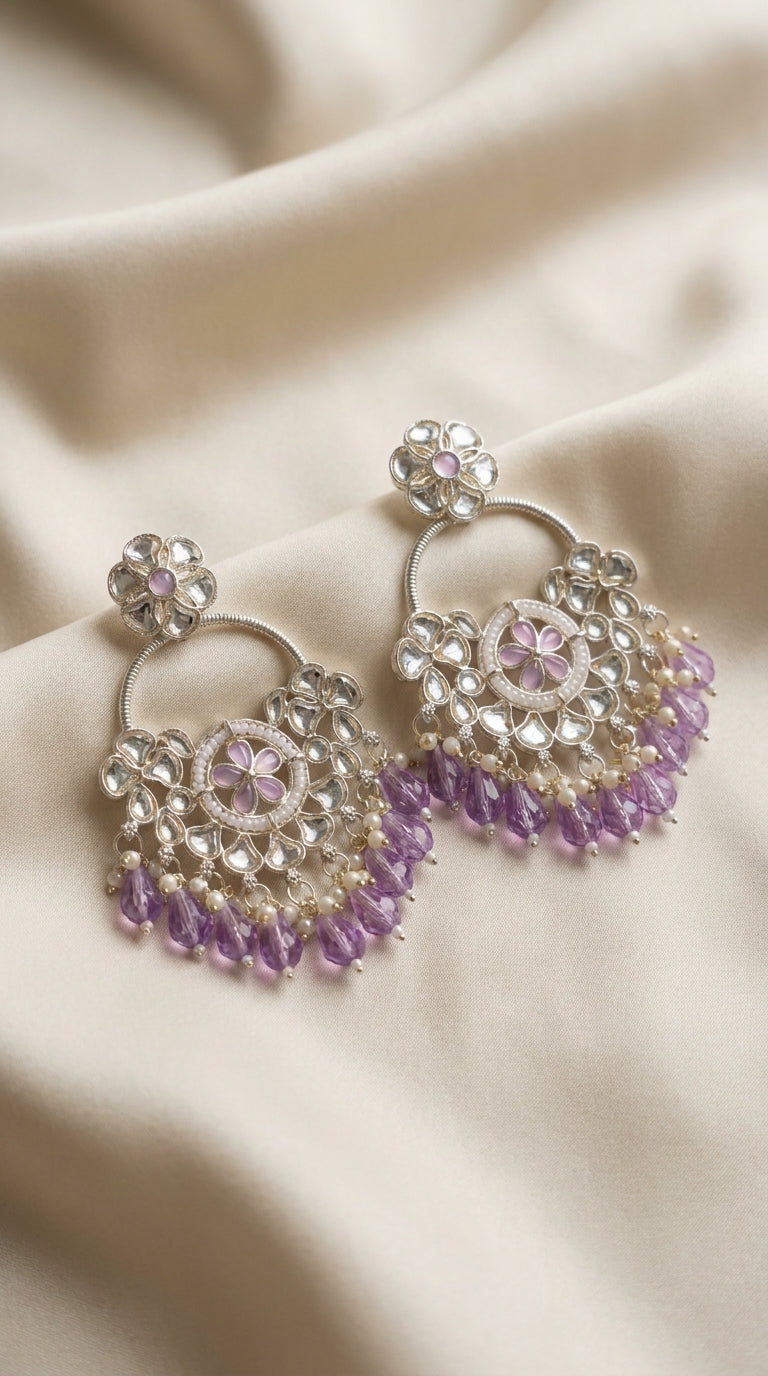 Silver-tone kundan chandbali earrings with lavender amethyst crystal drops and pearl accents — Behuli Australia — view 2