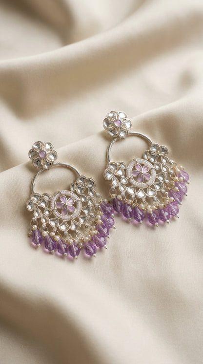 Silver-tone kundan chandbali earrings with lavender amethyst crystal drops and pearl accents — Behuli Australia — view 2