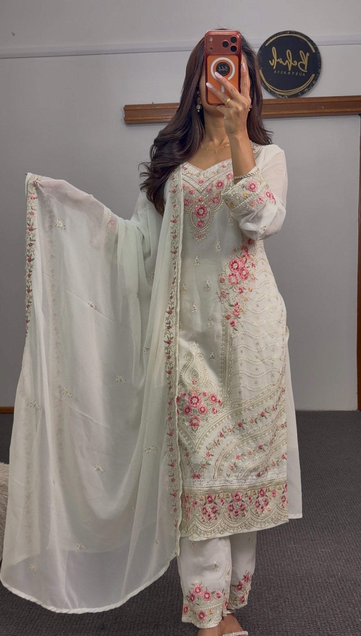 Ivory floral embroidered kurti set with pink thread motifs, paisley detailing and matching dupatta — Behuli Australia