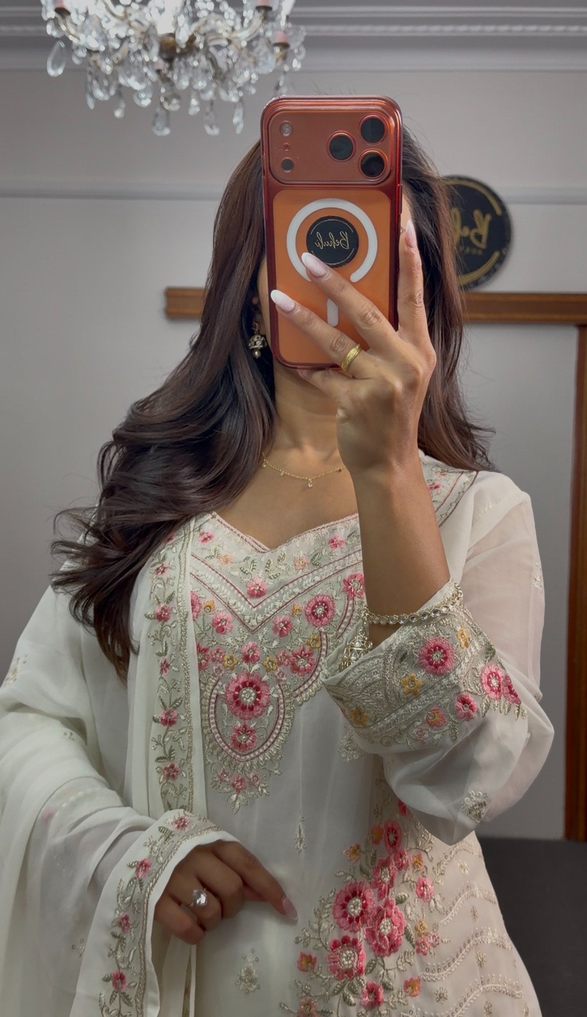 Ivory floral embroidered kurti set with pink thread motifs, paisley detailing and matching dupatta — Behuli Australia — view 2