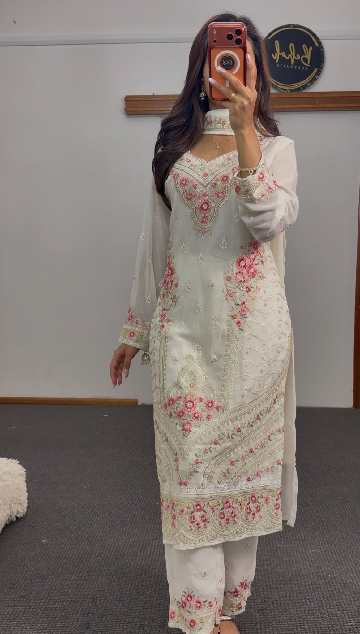 Ivory floral embroidered kurti set with pink thread motifs, paisley detailing and matching dupatta — Behuli Australia — view 3