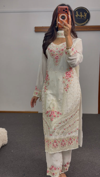 Ivory floral embroidered kurti set with pink thread motifs, paisley detailing and matching dupatta — Behuli Australia — view 3