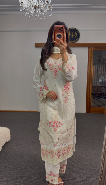 Ivory floral embroidered kurti set with pink thread motifs, paisley detailing and matching dupatta — Behuli Australia — view 4