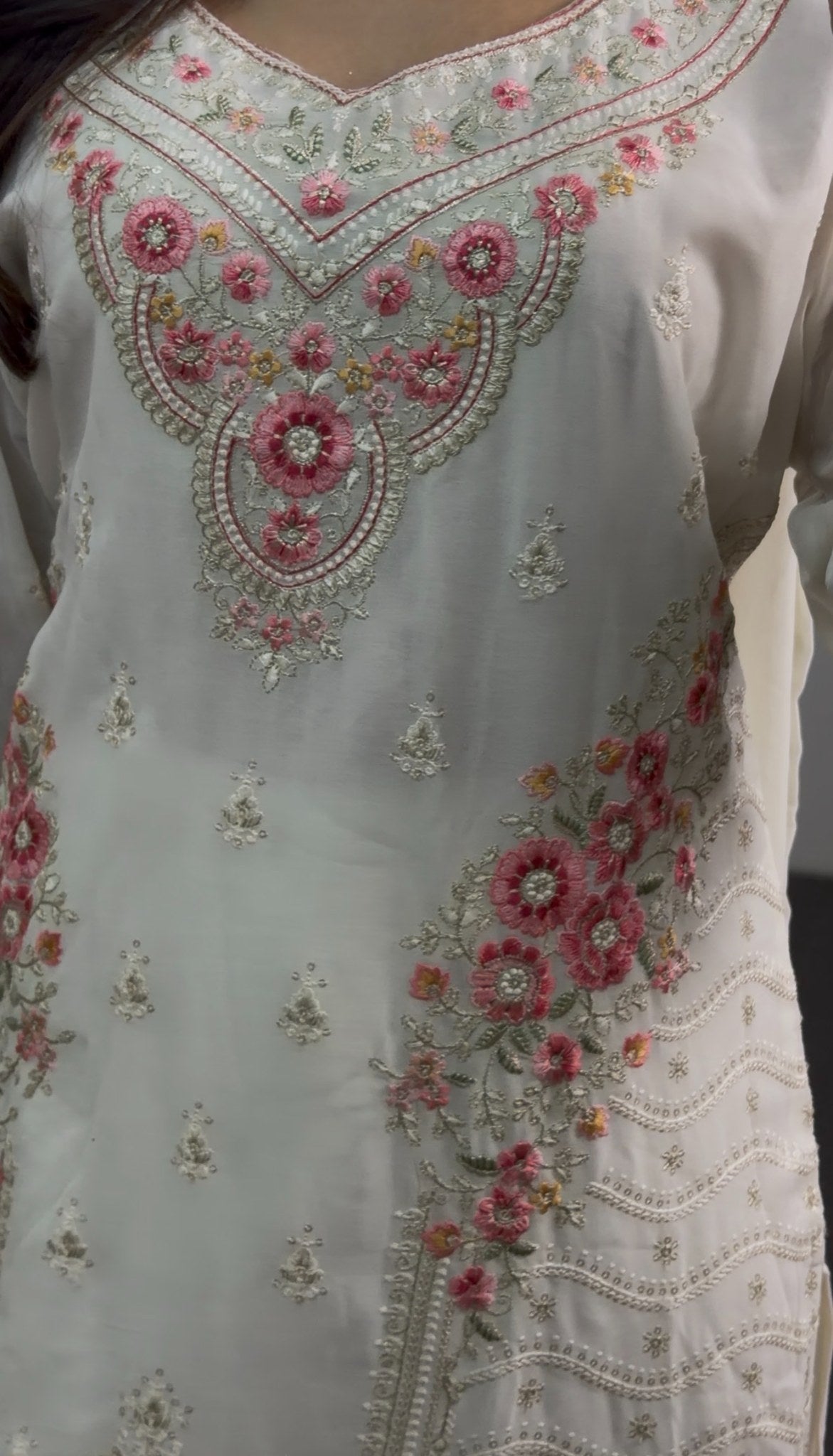 Ivory floral embroidered kurti set with pink thread motifs, paisley detailing and matching dupatta — Behuli Australia — view 5