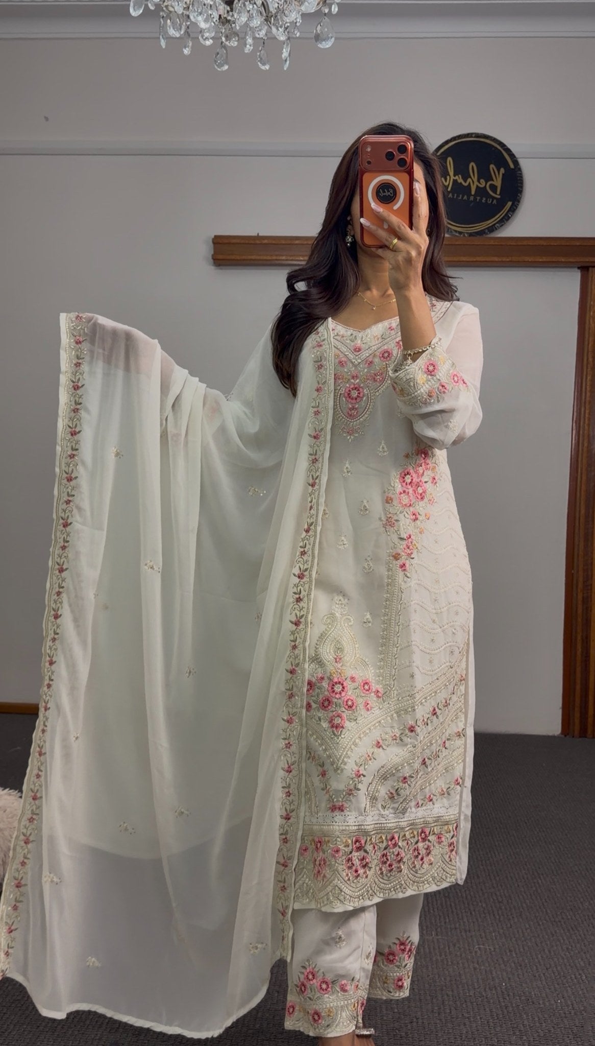 Ivory floral embroidered kurti set with pink thread motifs, paisley detailing and matching dupatta — Behuli Australia — view 6