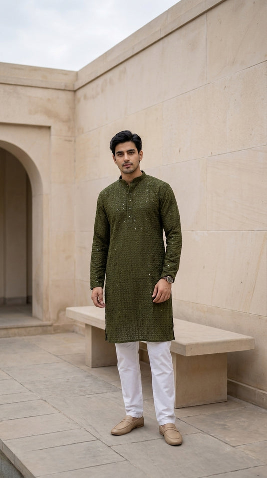 Olive Green Cotton Chikankari Men's Kurta with Sequin Work