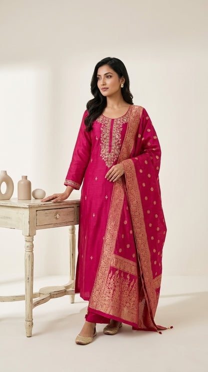 Handcrafted Crimson Dola Silk Kurta Set