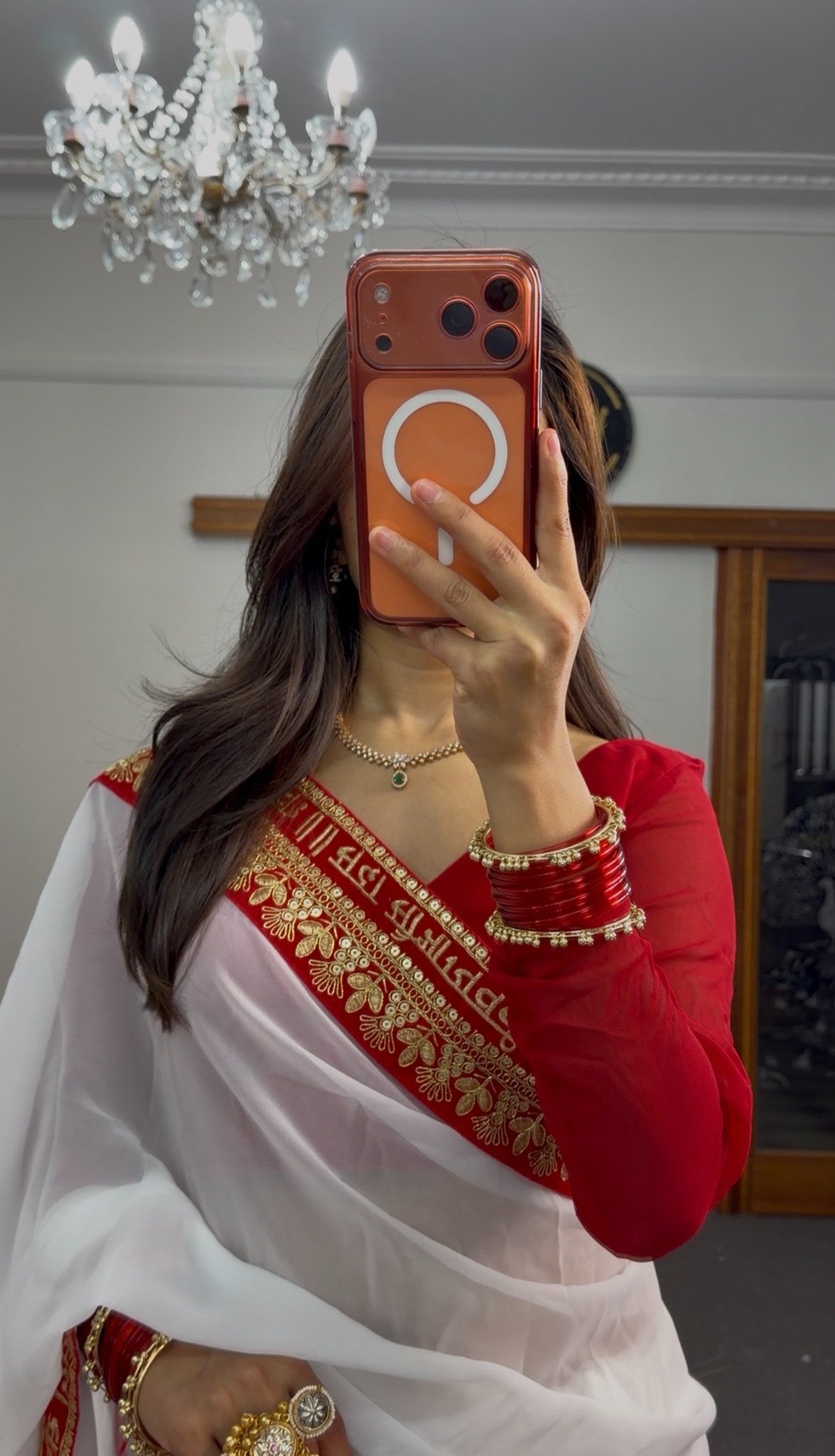 White georgette saree with red and gold zari Devanagari script border and matching red full-sleeve blouse — Behuli Australia — view 2