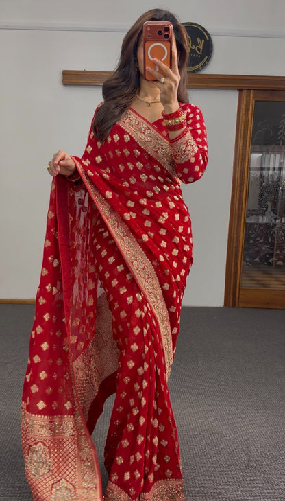 Deep crimson red Khaddi georgette saree with all-over gold zari booti work and ornate embroidered border — Behuli Australia — view 2