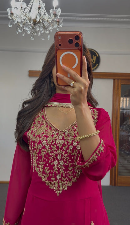 Fuchsia georgette floor-length anarkali set with gold zari embroidery, sheer full sleeves and matching dupatta — Behuli — view 4