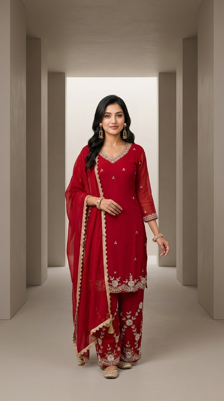 Deep red georgette palazzo kurti set with gold zari floral embroidery, matching crimson dupatta with tassel trim — Behuli
