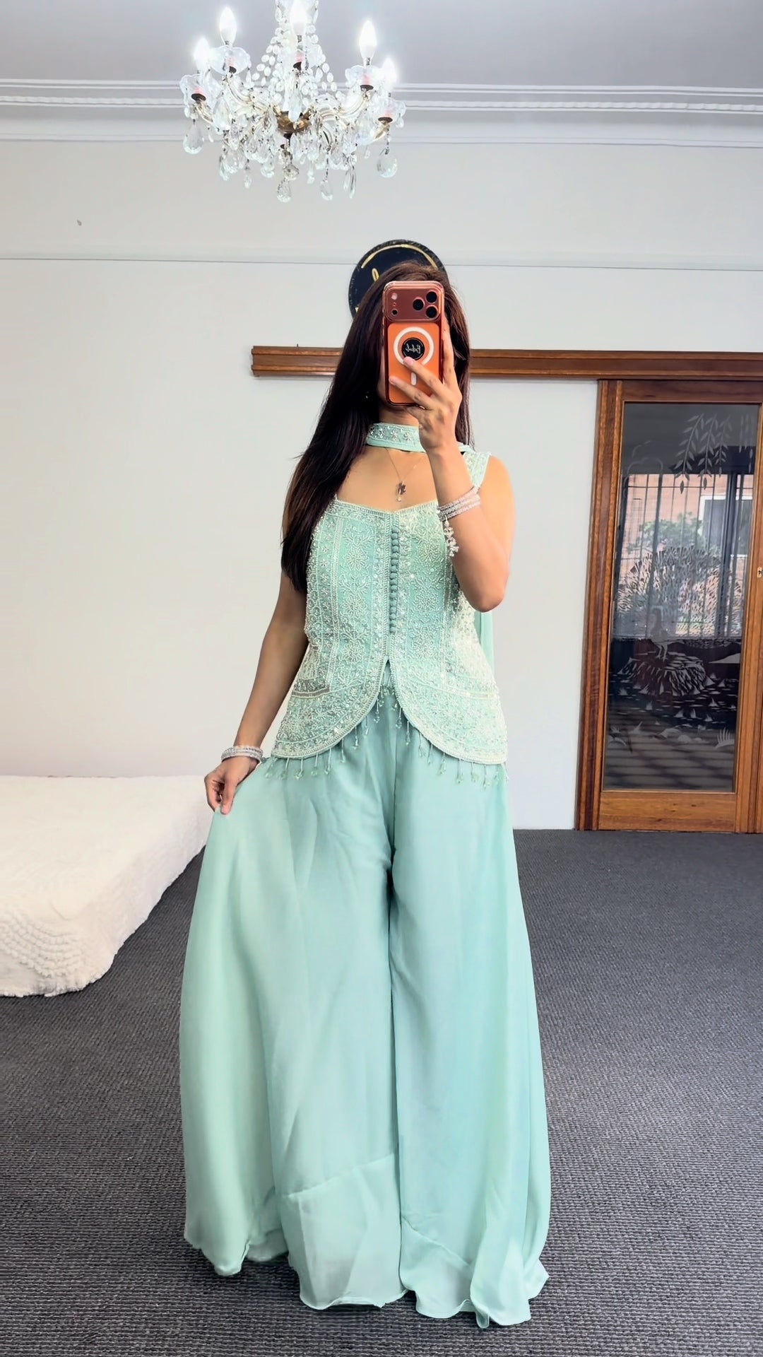 Mint Green Embellished Palazzo Suit with Peplum Top