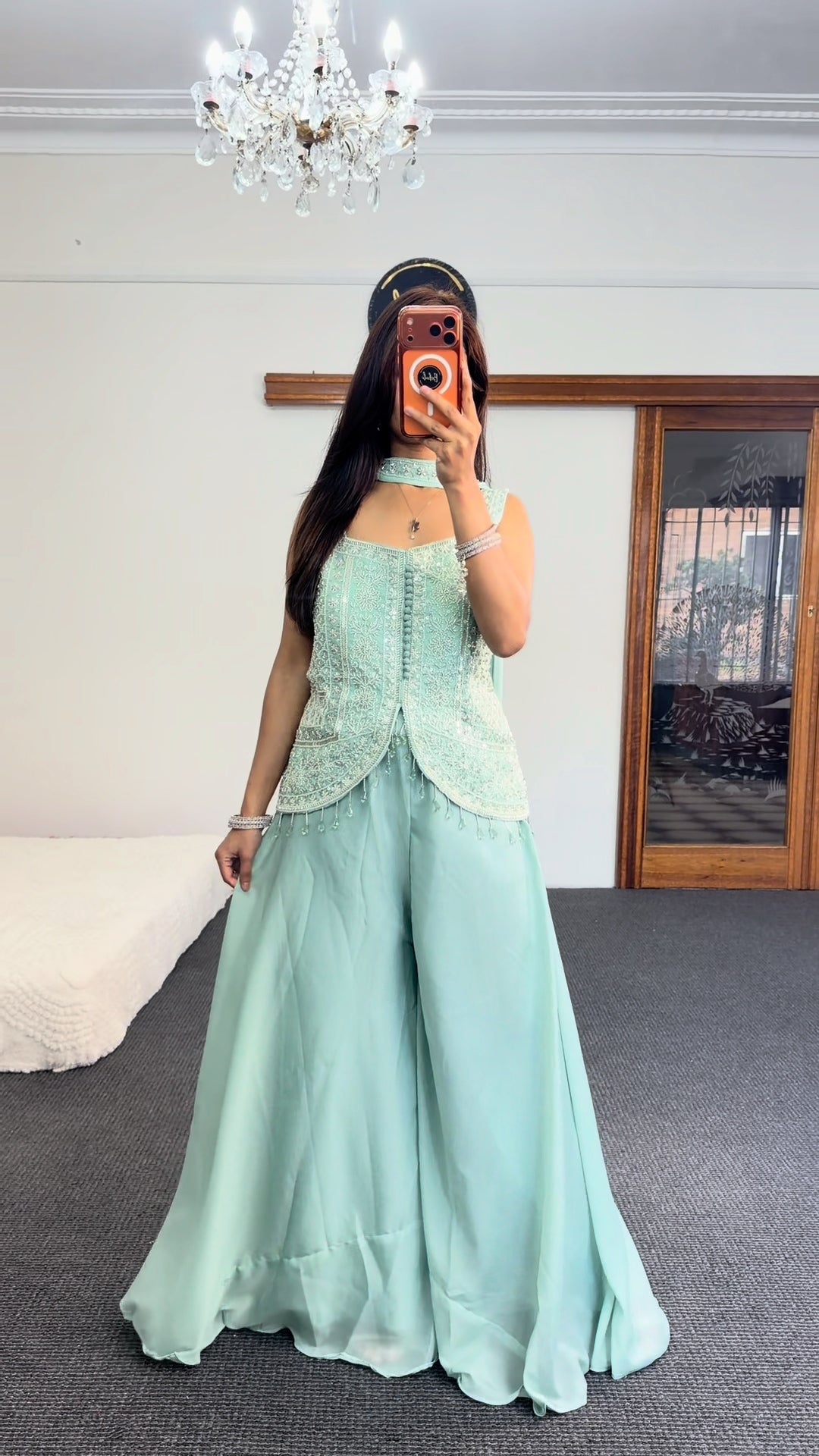 Mint Green Embellished Palazzo Suit with Peplum Top