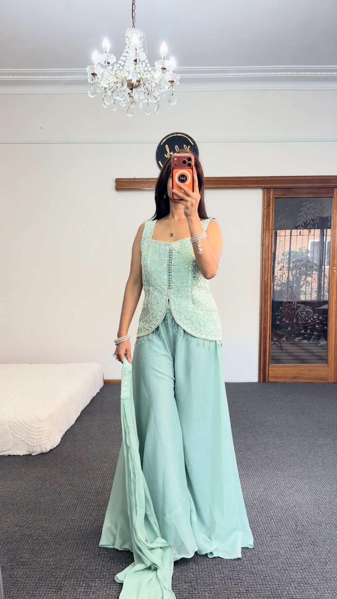 Mint Green Embellished Palazzo Suit with Peplum Top