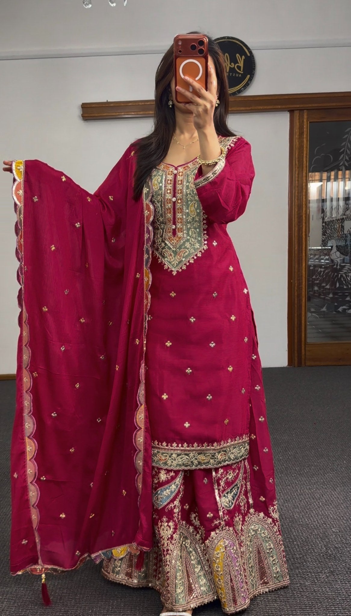 Magenta raw silk palazzo suit set with multicolour zari resham embroidery, scalloped chiffon dupatta and wide-leg palazzo — — view 2