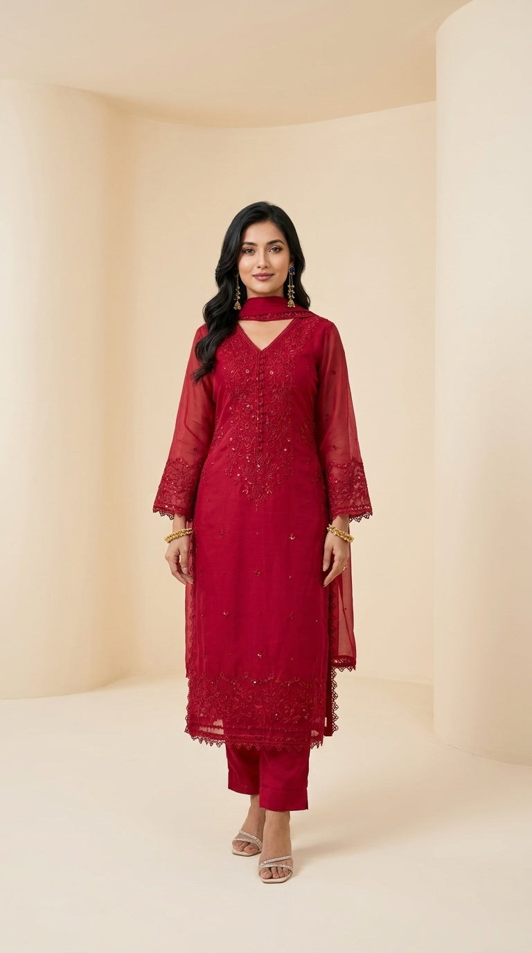 Crimson organza kurti set with chikankari embroidery, sequin work and scalloped lace dupatta — Behuli Australia