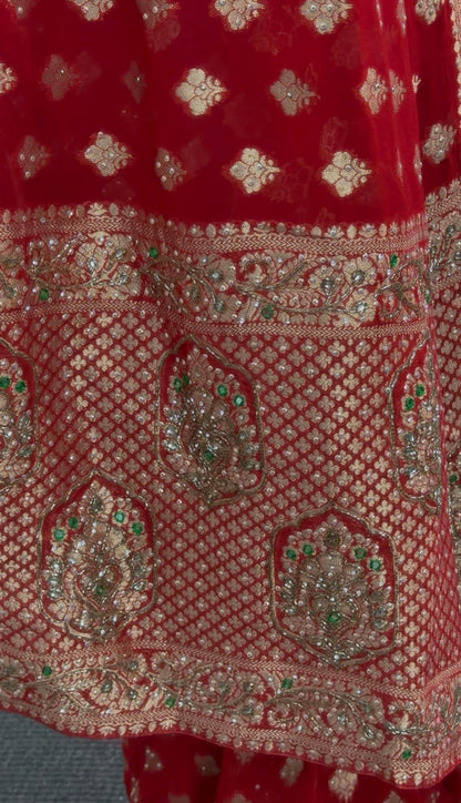 Deep crimson red Khaddi georgette saree with all-over gold zari booti work and ornate embroidered border — Behuli Australia — view 5