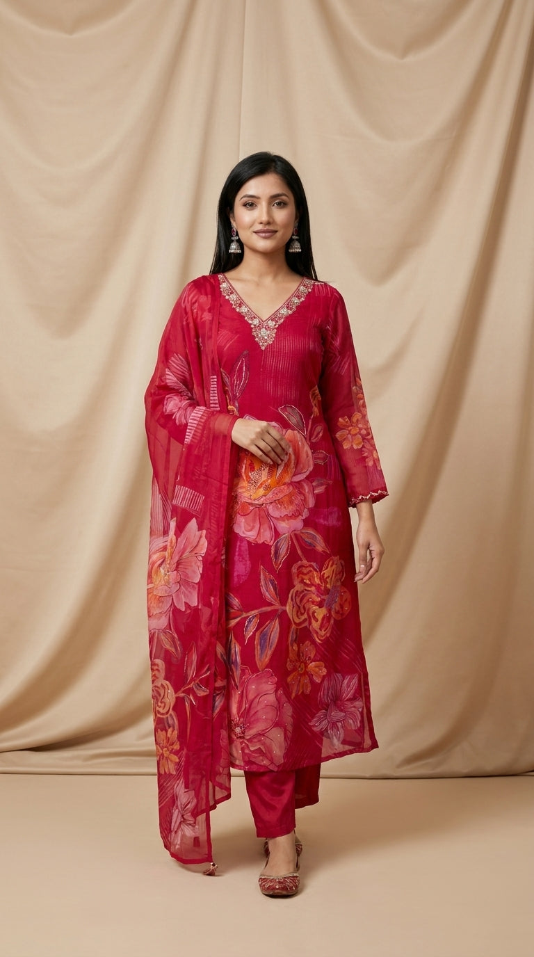 Crimson georgette kurti set with oversized floral print, zari embroidery V-neckline, pintuck bodice and sheer matching