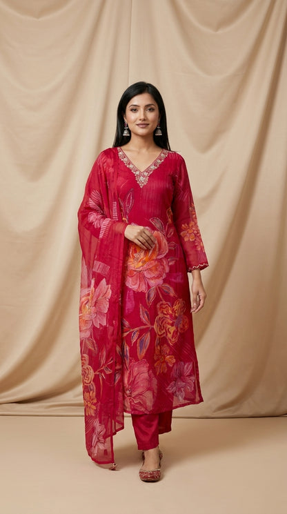 Crimson georgette kurti set with oversized floral print, zari embroidery V-neckline, pintuck bodice and sheer matching