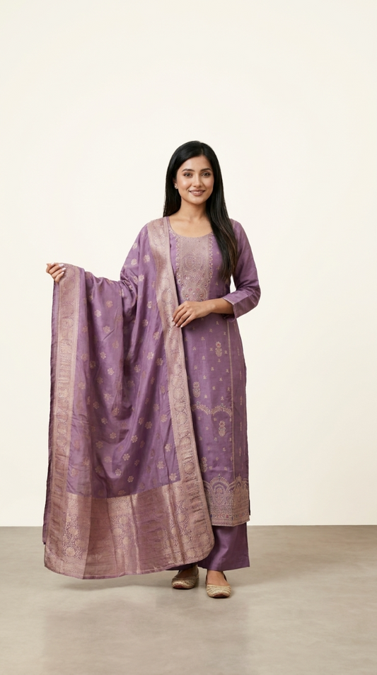 Mauve Zari Dola Silk Kurti Set
