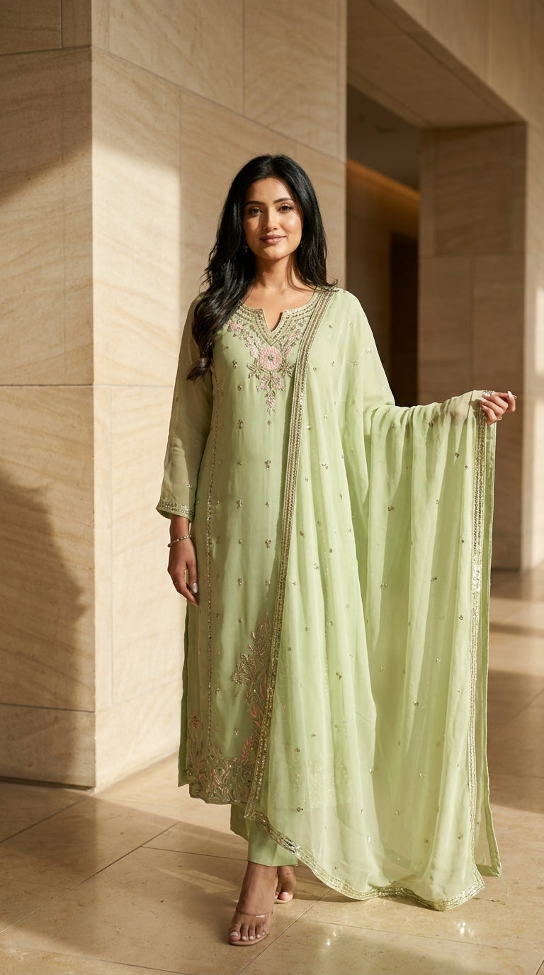 Mint Sequin Georgette Kurti Set