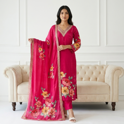 Fuchsia crepe silk kurti set with floral print — Behuli Australia — additional view