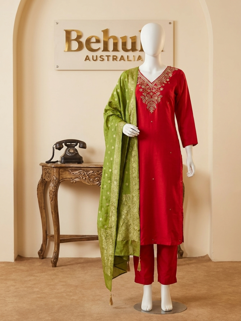Red Zari Silk Kurti Set with Lime Green Dupatta
