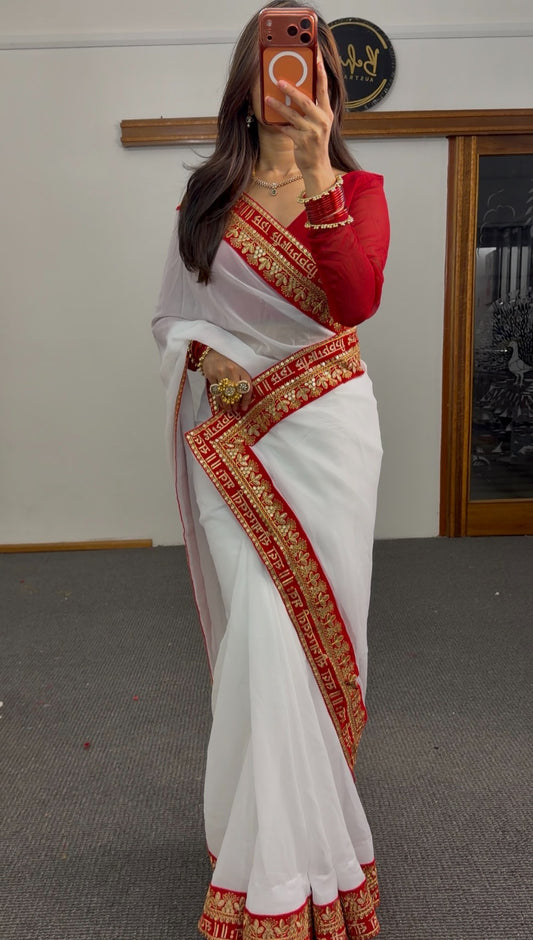 White georgette saree with red and gold zari Devanagari script border and matching red full-sleeve blouse — Behuli Australia