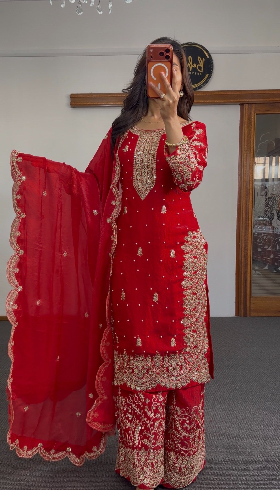Crimson red georgette palazzo suit set with gold zari embroidery, kundan neckline and matching scalloped dupatta — Behuli — view 2
