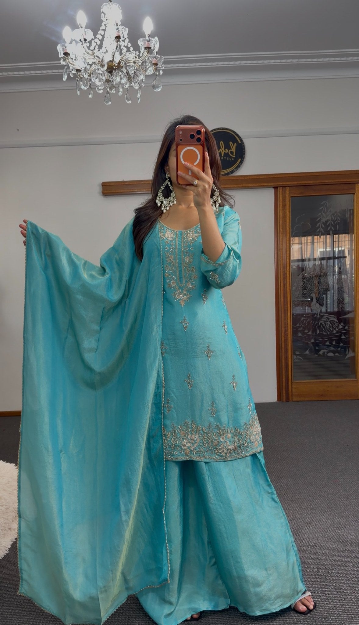 Teal raw silk palazzo suit set with silver zari embroidery, matching dupatta and wide-leg palazzo pants — Behuli Australia — view 6