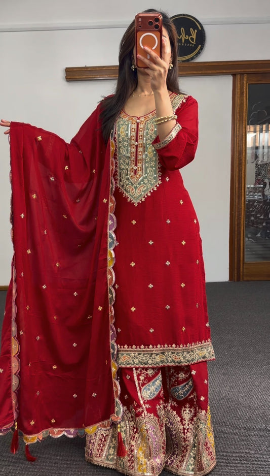Crimson raw silk palazzo suit set with zari embroidery, paisley printed palazzo and multicolour chiffon dupatta — Behuli — view 2
