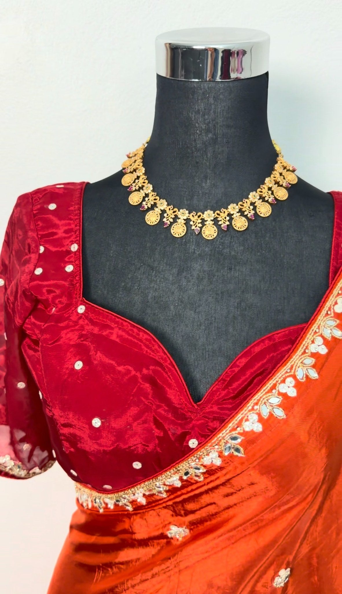 Vermillion pure silk saree with gold zari border, floral buti embroidery and matching deep crimson blouse — Behuli Australia — view 4