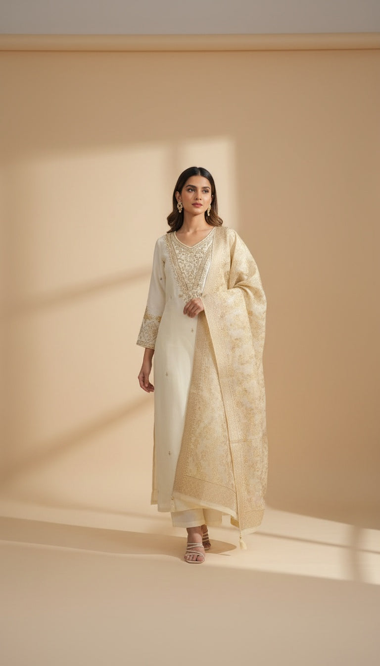 Ivory Embroidered Silk Kurta Set with Gold Brocade Dupatta