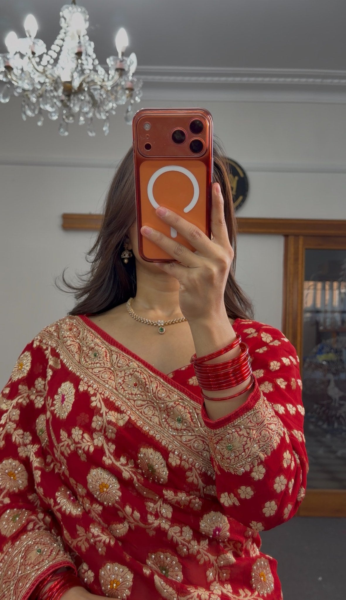 Deep red Khaddi Georgette saree with all-over gold zari floral jaal embroidery and matching full-sleeve blouse — Behuli — view 3